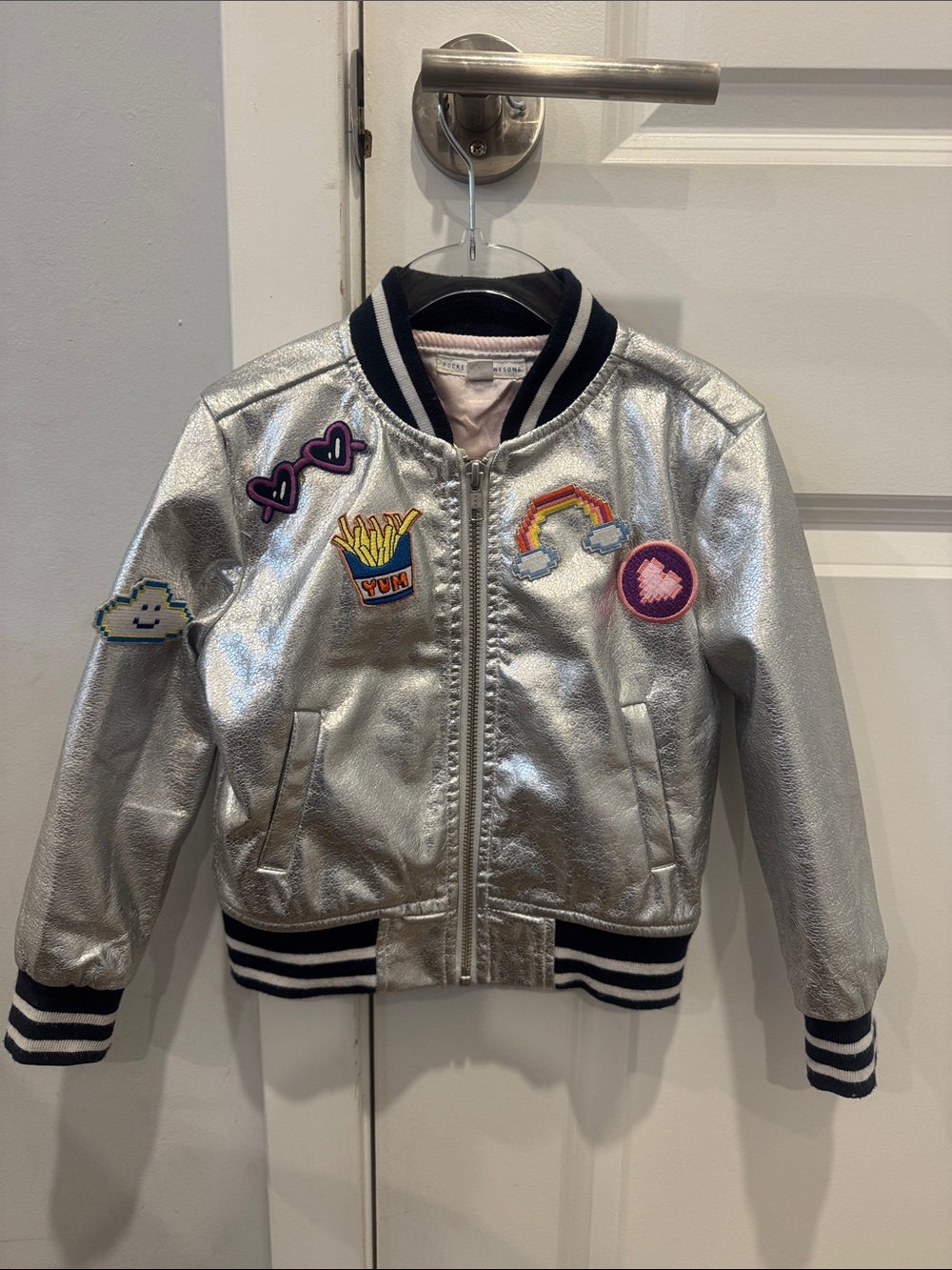 Rockets of Awesome Girls' Silver Metallic Bomber Jacket with Patches 4/5
